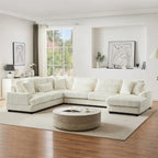 Divano Sezionale a U in Velluto a Coste Beige/Grigio con Chaise Longue, 5 Posti