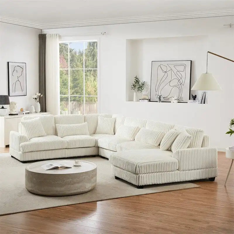Divano Sezionale a U in Velluto a Coste Beige/Grigio con Chaise Longue, 5 Posti
