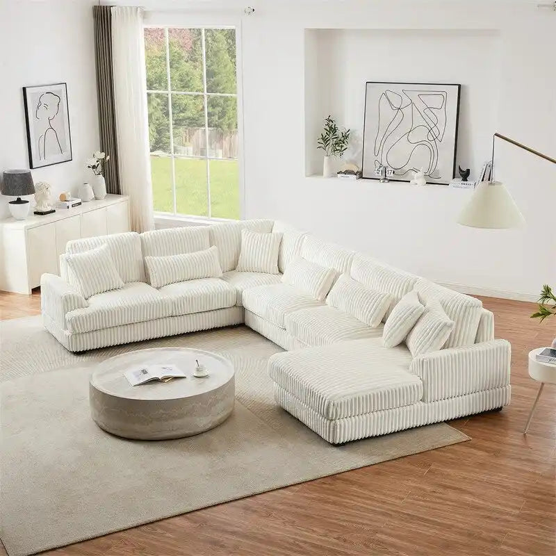 Divano Sezionale a U in Velluto a Coste Beige/Grigio con Chaise Longue, 5 Posti