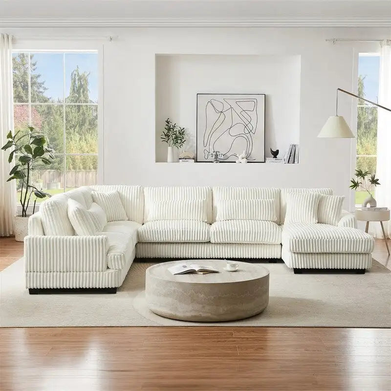 Divano Sezionale a U in Velluto a Coste Beige/Grigio con Chaise Longue, 5 Posti