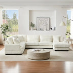 Divano Sezionale a U in Velluto a Coste Beige/Grigio con Chaise Longue, 5 Posti