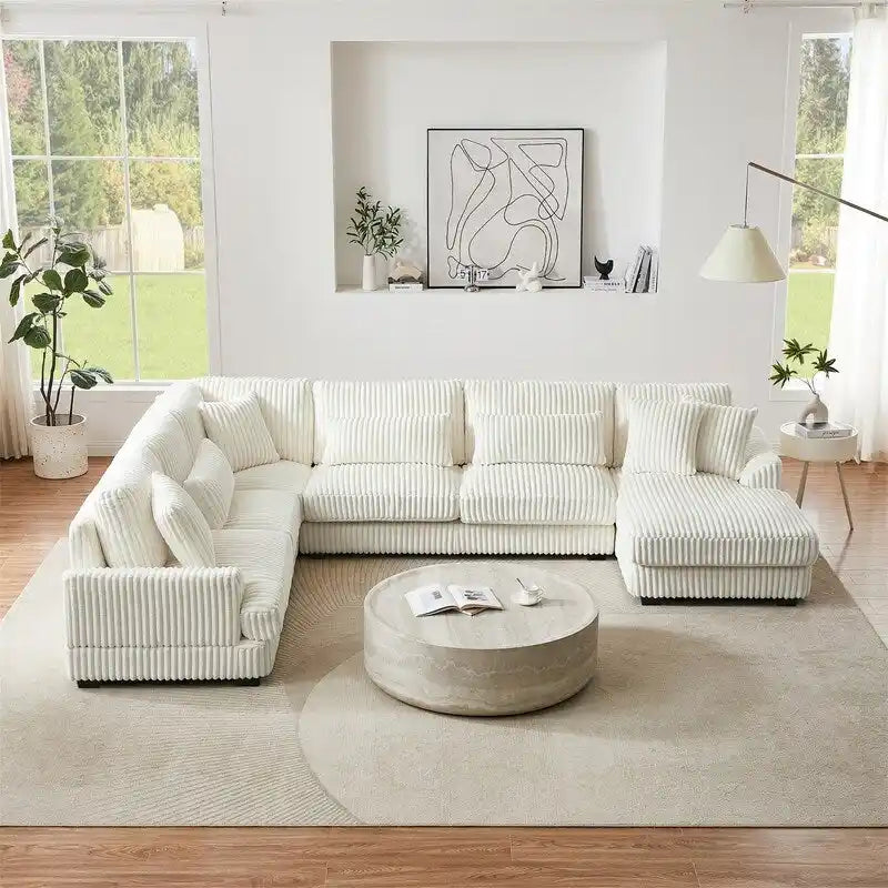 Divano Sezionale a U in Velluto a Coste Beige/Grigio con Chaise Longue, 5 Posti