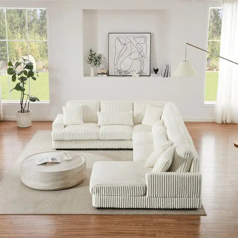 Divano Sezionale a U in Velluto a Coste Beige/Grigio con Chaise Longue, 5 Posti