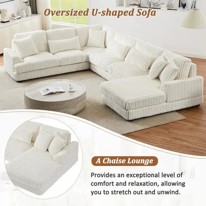 Divano Sezionale a U in Velluto a Coste Beige/Grigio con Chaise Longue, 5 Posti