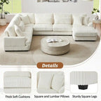 Divano Sezionale a U in Velluto a Coste Beige/Grigio con Chaise Longue, 5 Posti