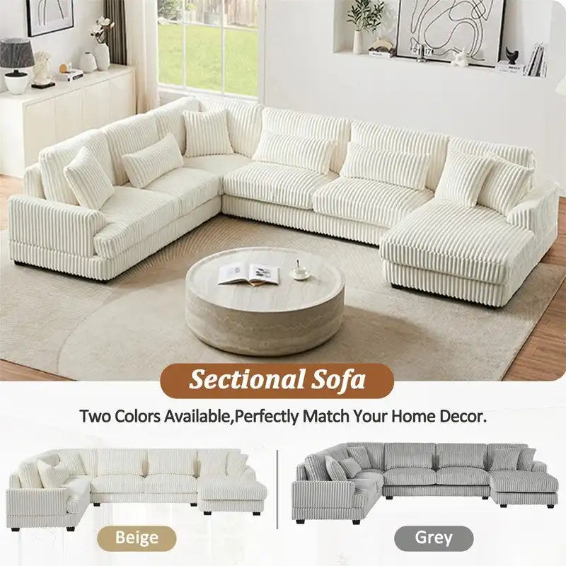 Divano Sezionale a U in Velluto a Coste Beige/Grigio con Chaise Longue, 5 Posti
