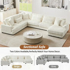Divano Sezionale a U in Velluto a Coste Beige/Grigio con Chaise Longue, 5 Posti