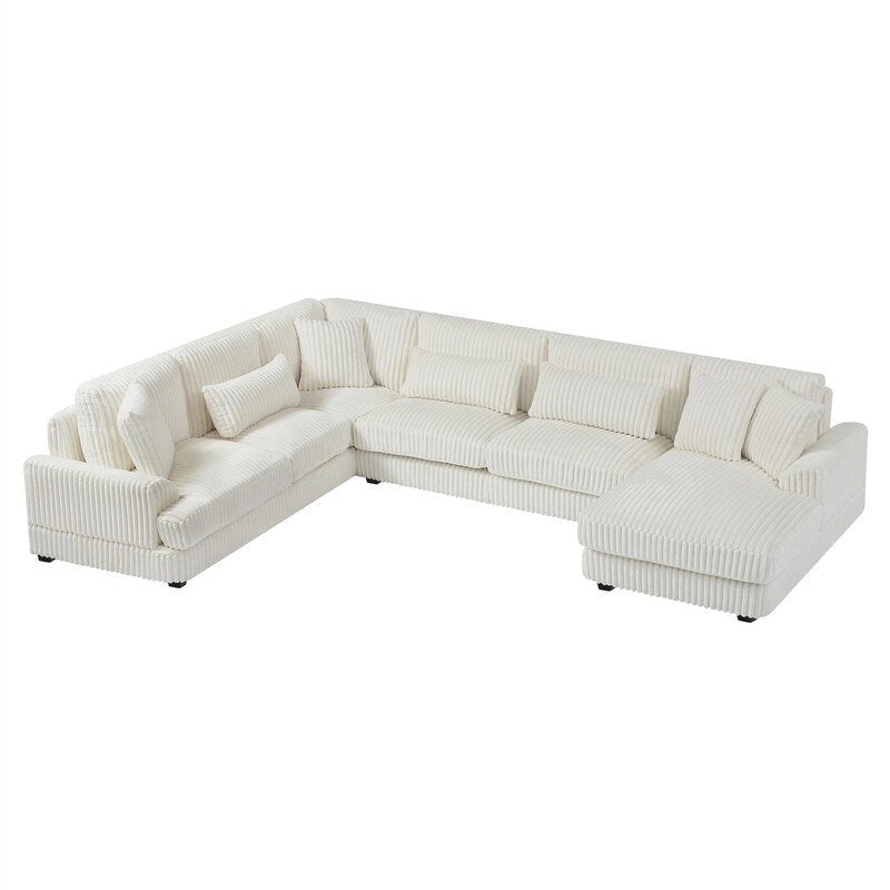 Divano Sezionale a U in Velluto a Coste Beige/Grigio con Chaise Longue, 5 Posti