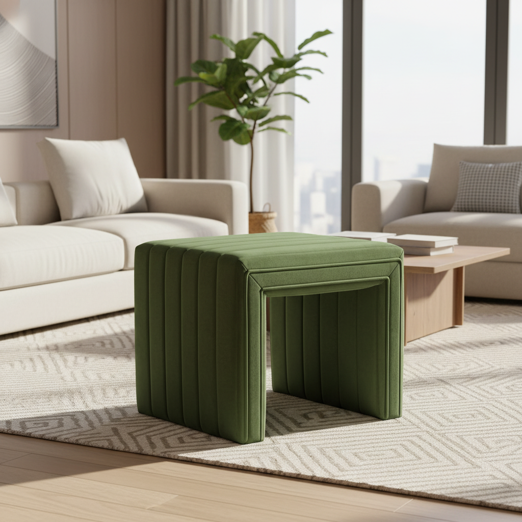 Ottoman quadrato in velluto trapuntato Green Channel, monoposto