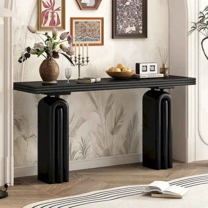 Consolle impiallacciata in acacia beige/nera, montaggio 1 persona, 152 cm