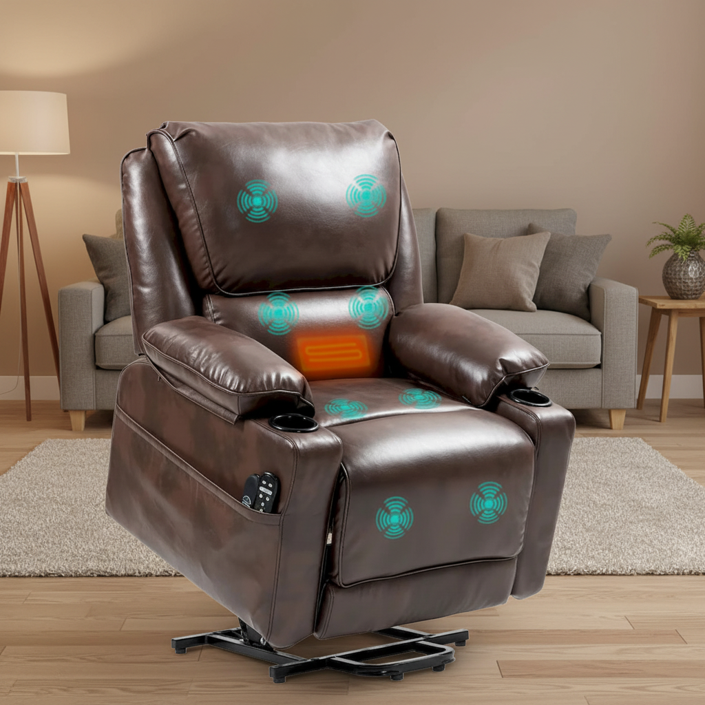 Poltrona reclinabile Power Lift marrone/nera con massaggio e calore, 1 persona
