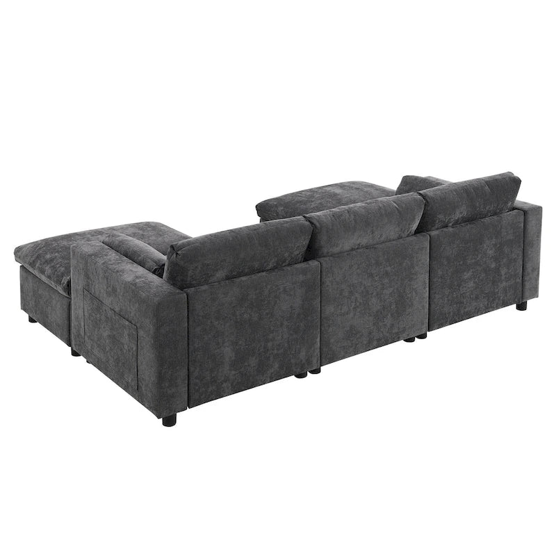 Divano sezionale a U grigio, a 5 posti con pouf
