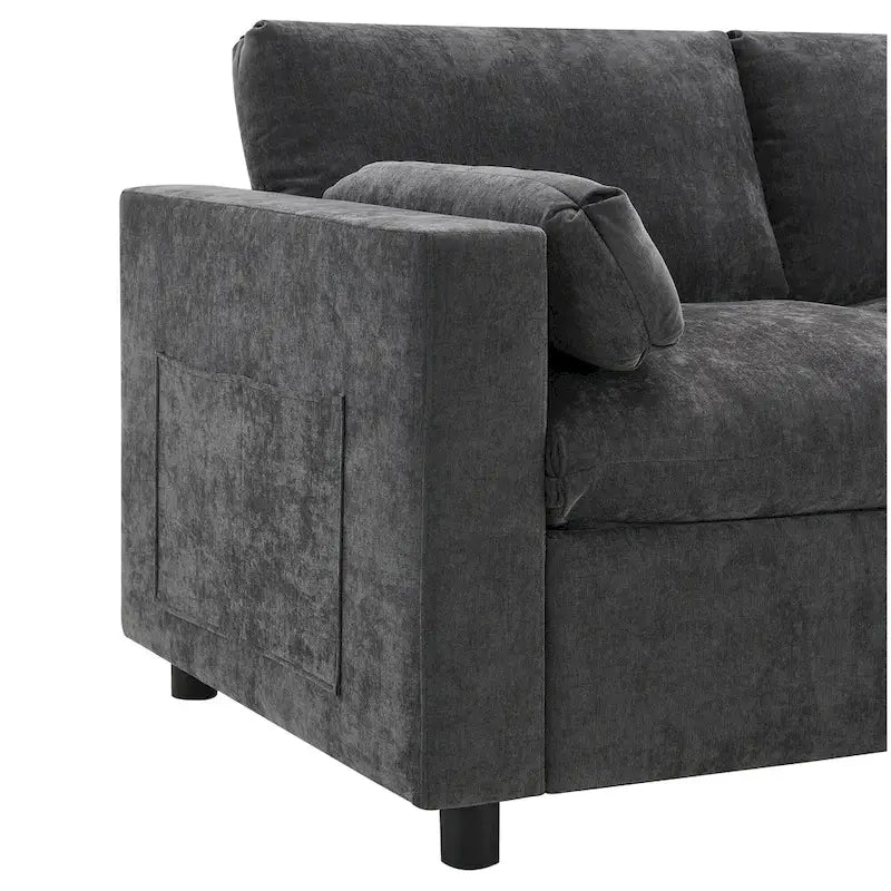 Divano sezionale a U grigio, a 5 posti con pouf