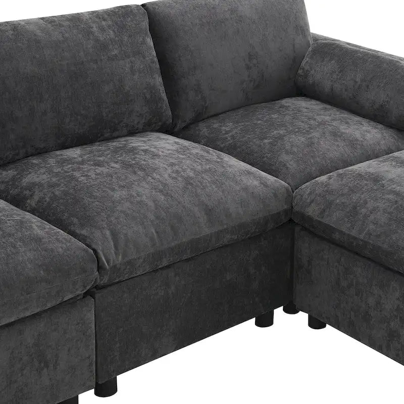 Divano sezionale a U grigio, a 5 posti con pouf