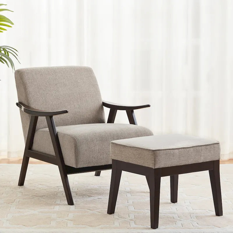 Poltrona imbottita Mid-Century con poggiapiedi, singola, Marrone/Blu/Beige/Grigio