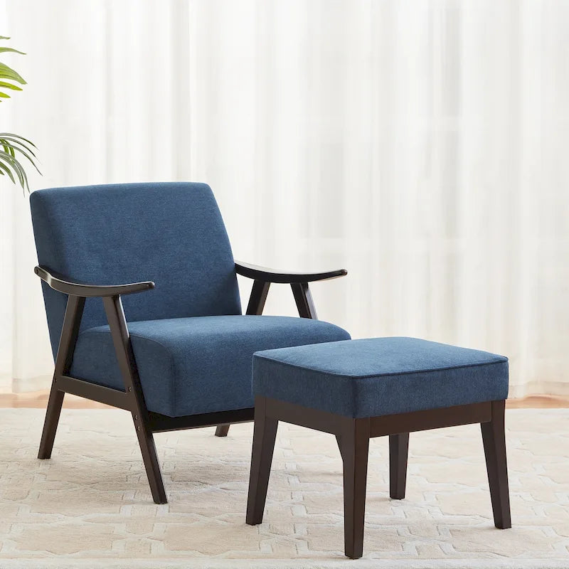 Poltrona imbottita Mid-Century con poggiapiedi, singola, Marrone/Blu/Beige/Grigio