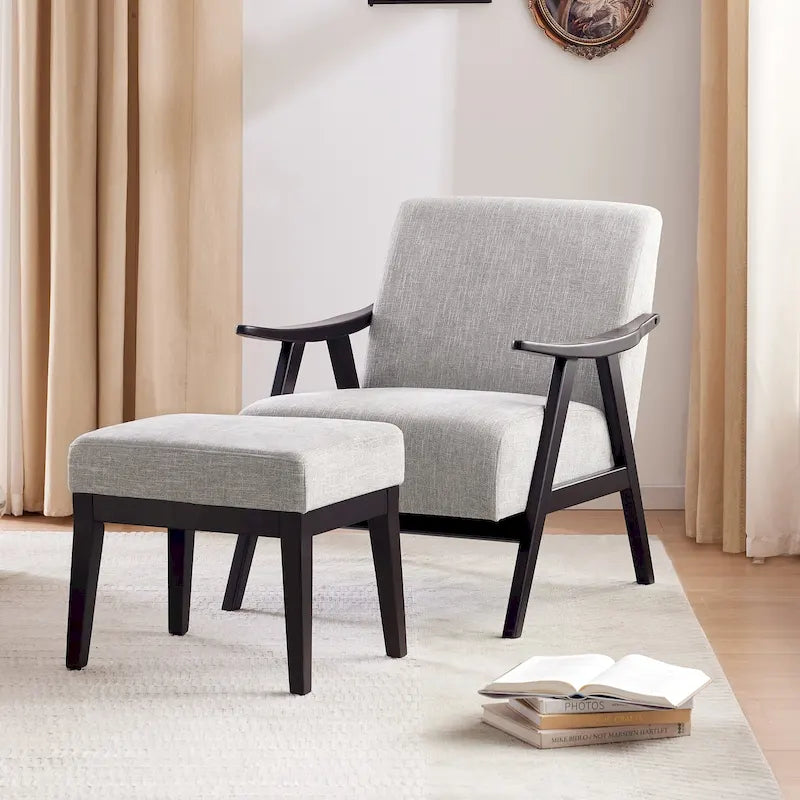 Poltrona imbottita Mid-Century con poggiapiedi, singola, Marrone/Blu/Beige/Grigio