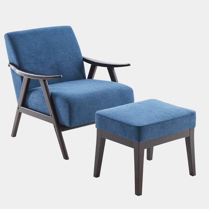 Poltrona imbottita Mid-Century con poggiapiedi, singola, Marrone/Blu/Beige/Grigio