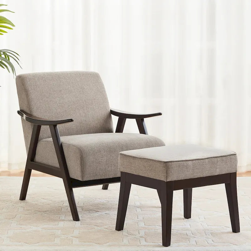 Poltrona imbottita Mid-Century con poggiapiedi, singola, Marrone/Blu/Beige/Grigio