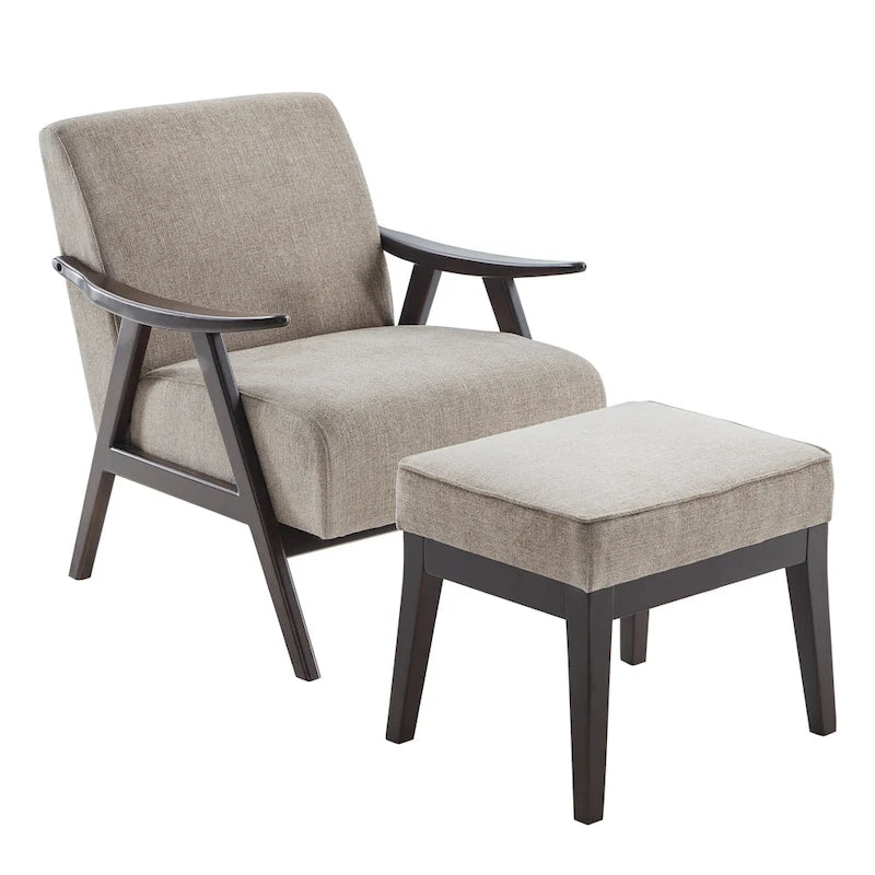 Poltrona imbottita Mid-Century con poggiapiedi, singola, Marrone/Blu/Beige/Grigio