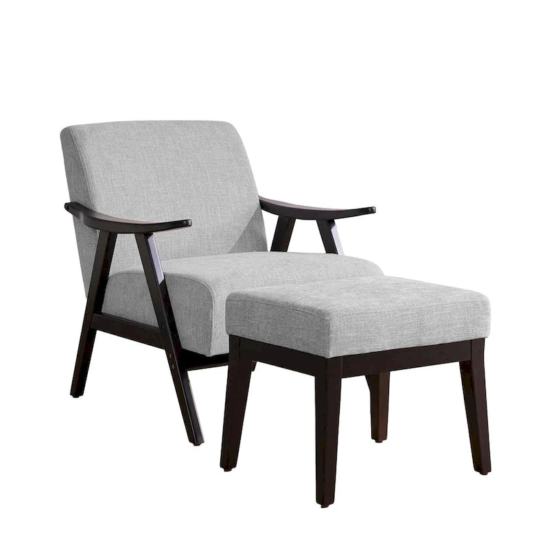 Poltrona imbottita Mid-Century con poggiapiedi, singola, Marrone/Blu/Beige/Grigio