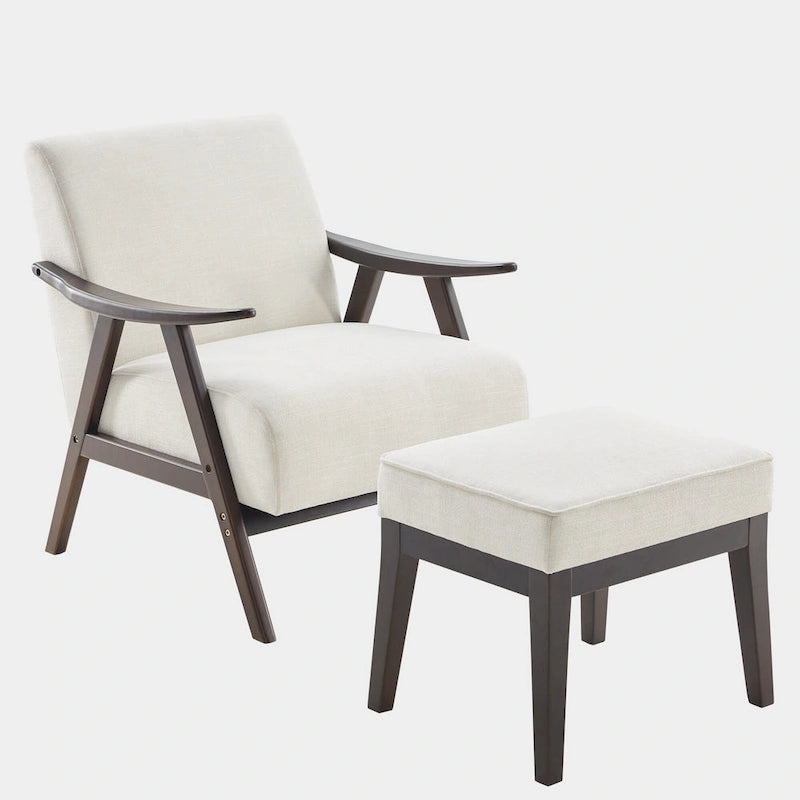 Poltrona imbottita Mid-Century con poggiapiedi, singola, Marrone/Blu/Beige/Grigio