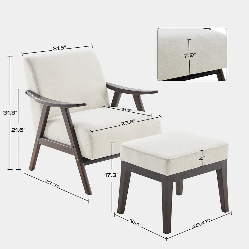 Poltrona imbottita Mid-Century con poggiapiedi, singola, Marrone/Blu/Beige/Grigio