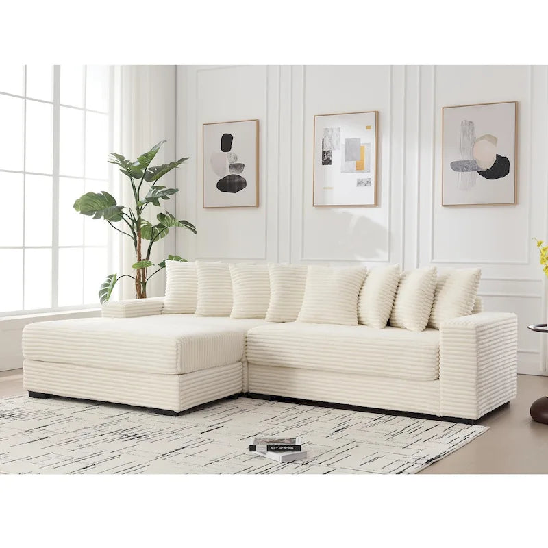 Divano Sezionale Angolare in Velluto a Coste Beige, Chaise Longue Sinistra, 3 Posti
