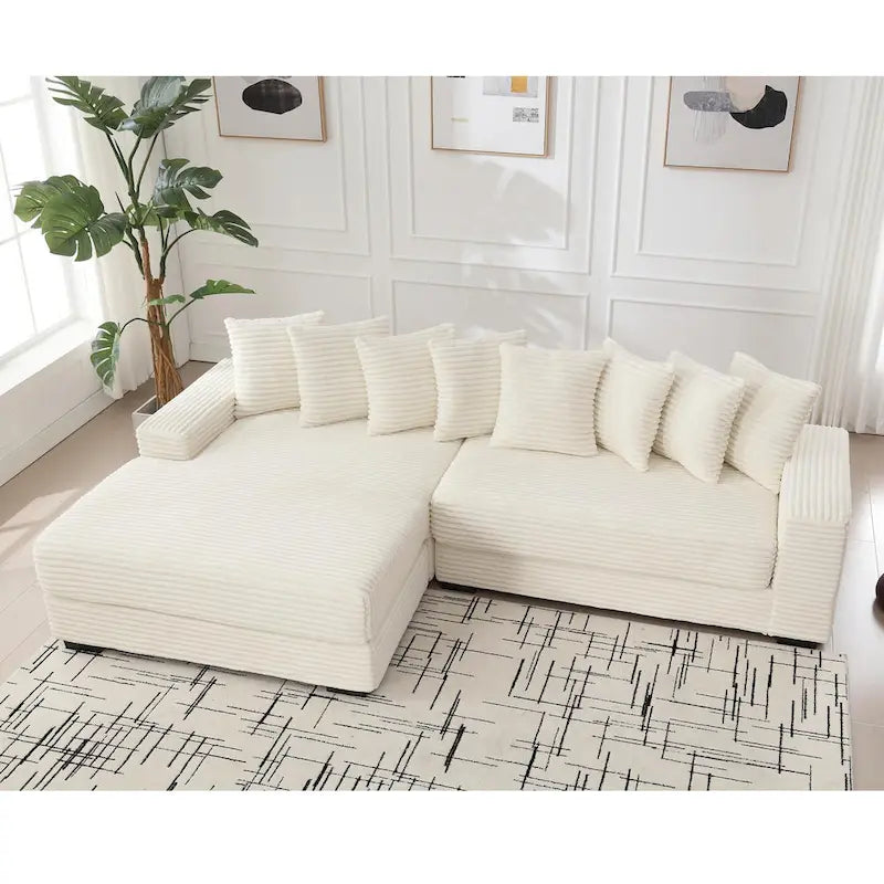 Divano Sezionale Angolare in Velluto a Coste Beige, Chaise Longue Sinistra, 3 Posti