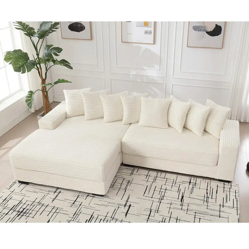 Divano Sezionale Angolare in Velluto a Coste Beige, Chaise Longue Sinistra, 3 Posti