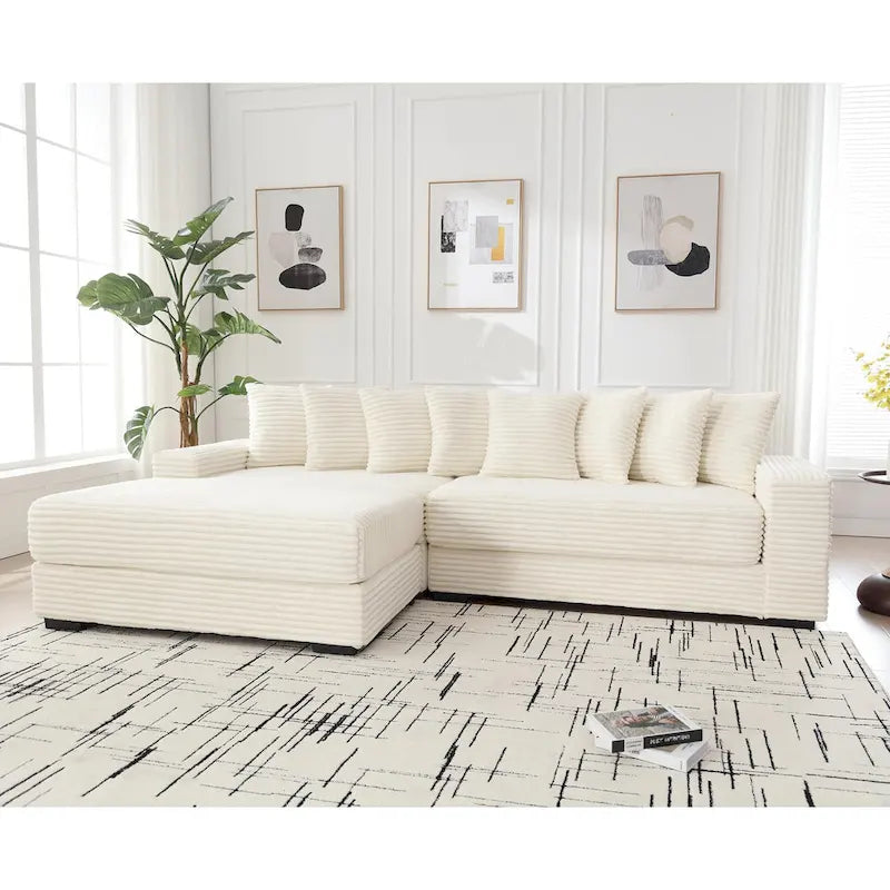 Divano Sezionale Angolare in Velluto a Coste Beige, Chaise Longue Sinistra, 3 Posti