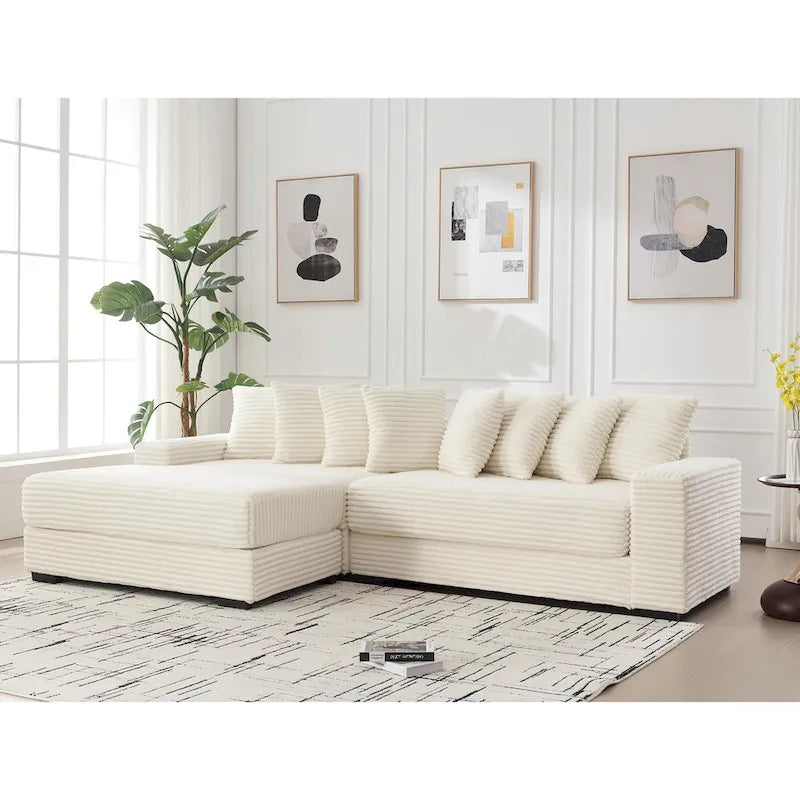 Divano Sezionale Angolare in Velluto a Coste Beige, Chaise Longue Sinistra, 3 Posti