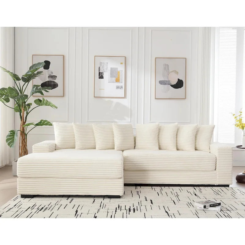 Divano Sezionale Angolare in Velluto a Coste Beige, Chaise Longue Sinistra, 3 Posti