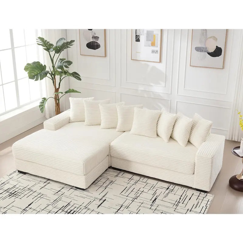 Divano Sezionale Angolare in Velluto a Coste Beige, Chaise Longue Sinistra, 3 Posti