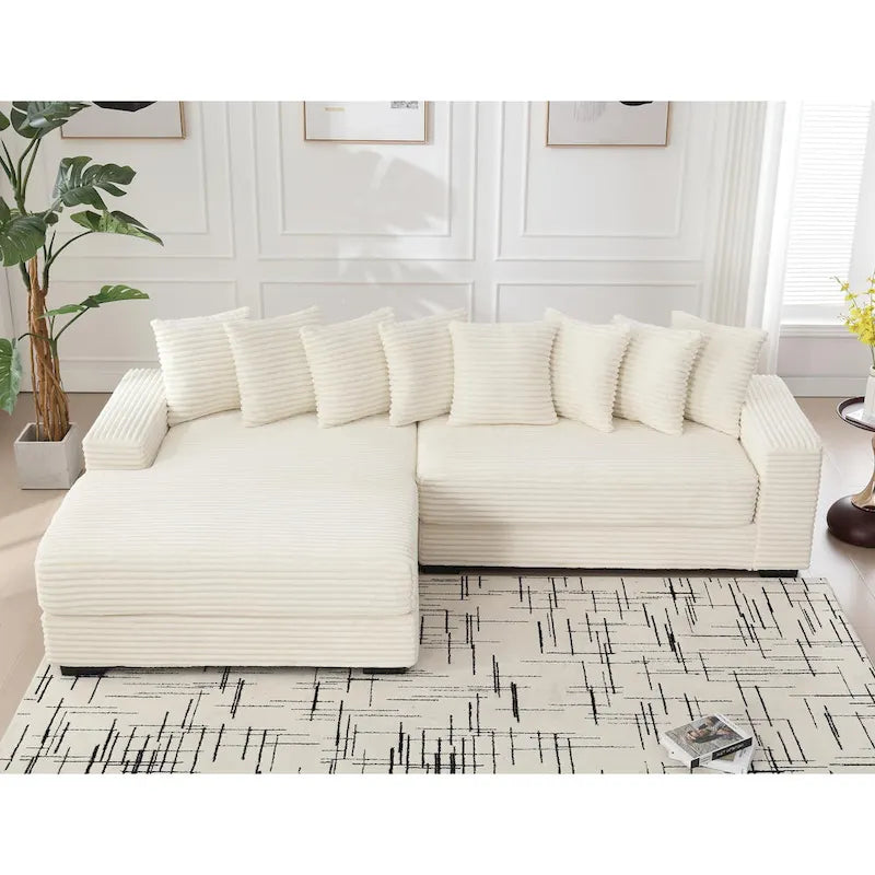 Divano Sezionale Angolare in Velluto a Coste Beige, Chaise Longue Sinistra, 3 Posti