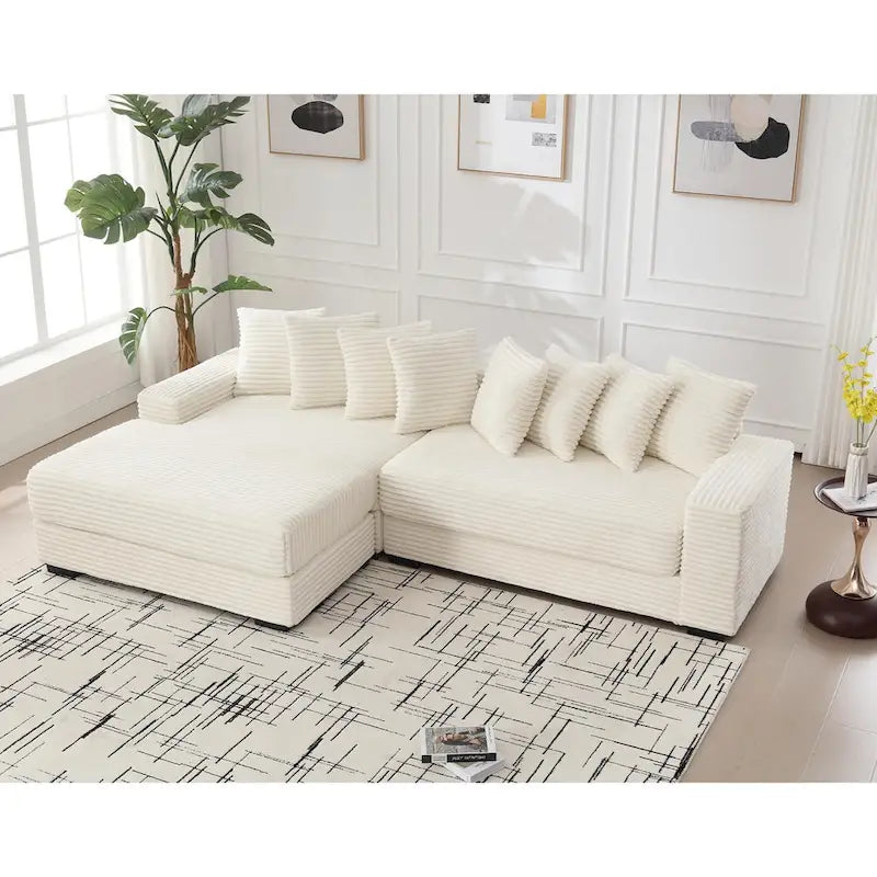 Divano Sezionale Angolare in Velluto a Coste Beige, Chaise Longue Sinistra, 3 Posti
