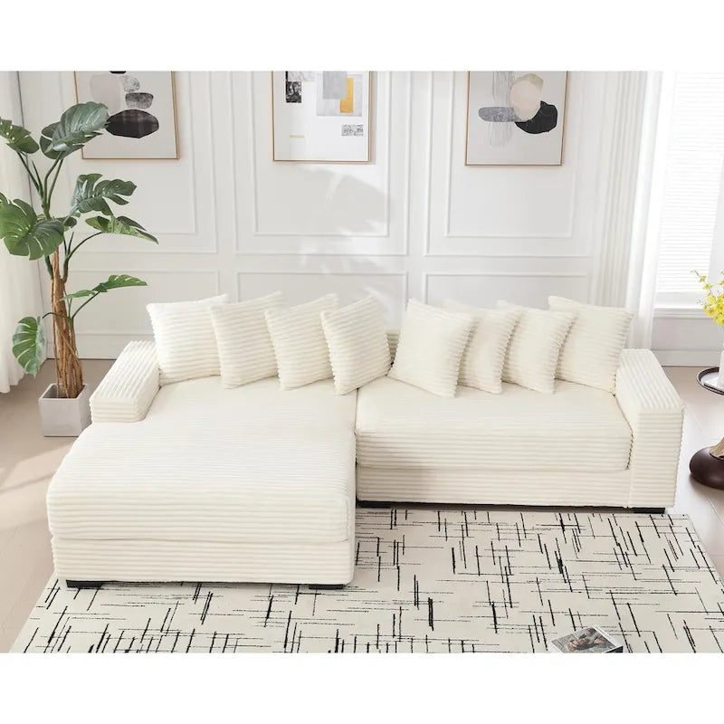 Divano Sezionale Angolare in Velluto a Coste Beige, Chaise Longue Sinistra, 3 Posti