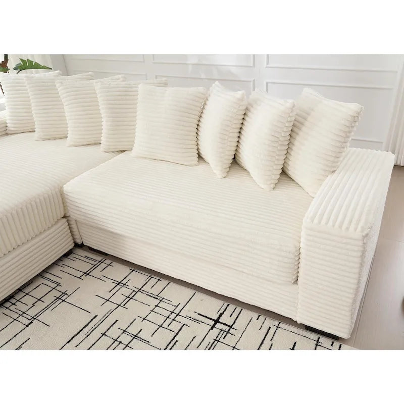 Divano Sezionale Angolare in Velluto a Coste Beige, Chaise Longue Sinistra, 3 Posti