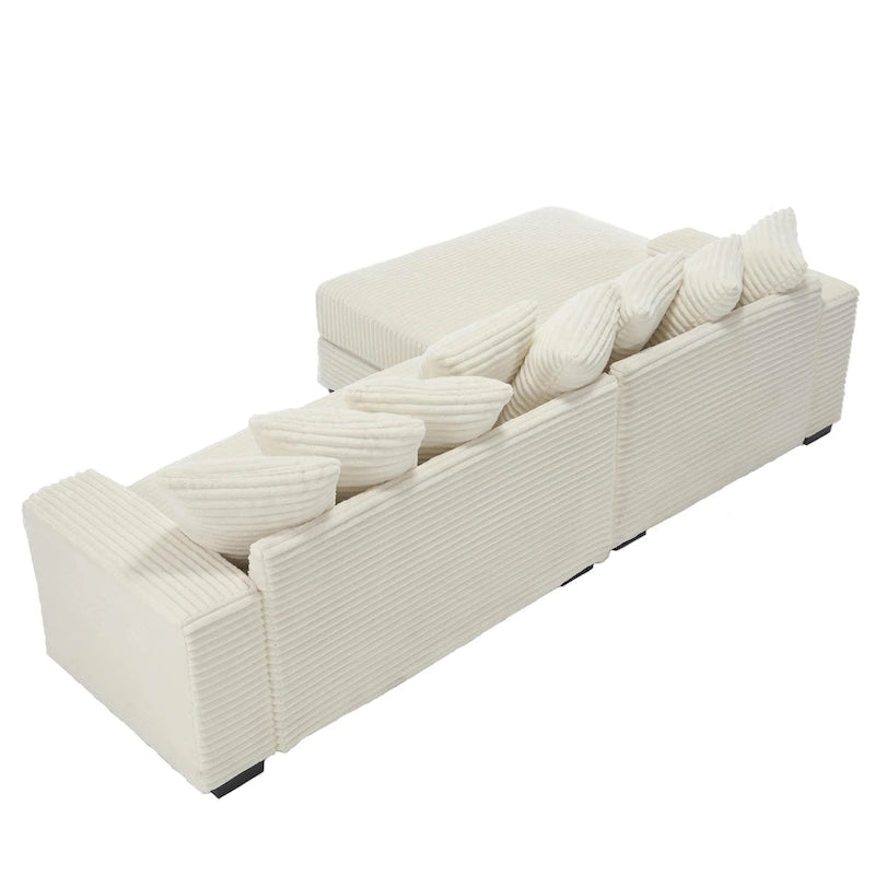 Divano Sezionale Angolare in Velluto a Coste Beige, Chaise Longue Sinistra, 3 Posti