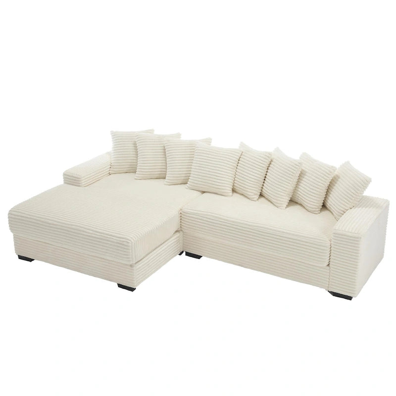 Divano Sezionale Angolare in Velluto a Coste Beige, Chaise Longue Sinistra, 3 Posti