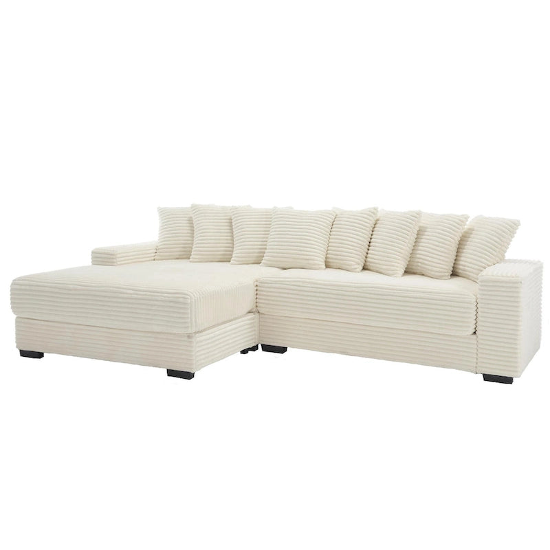 Divano Sezionale Angolare in Velluto a Coste Beige, Chaise Longue Sinistra, 3 Posti
