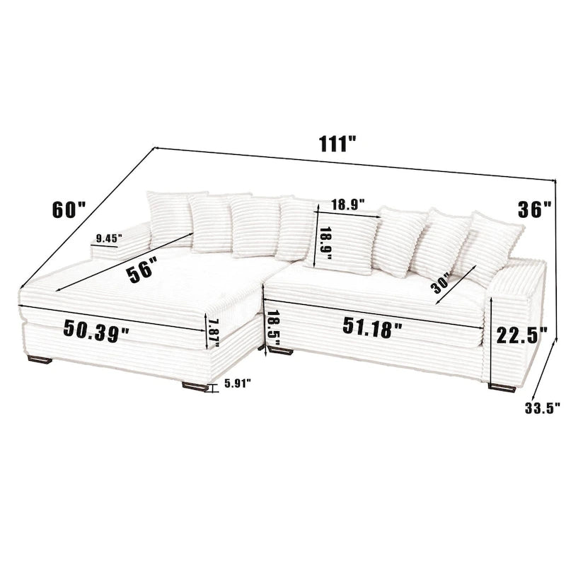 Divano Sezionale Angolare in Velluto a Coste Beige, Chaise Longue Sinistra, 3 Posti