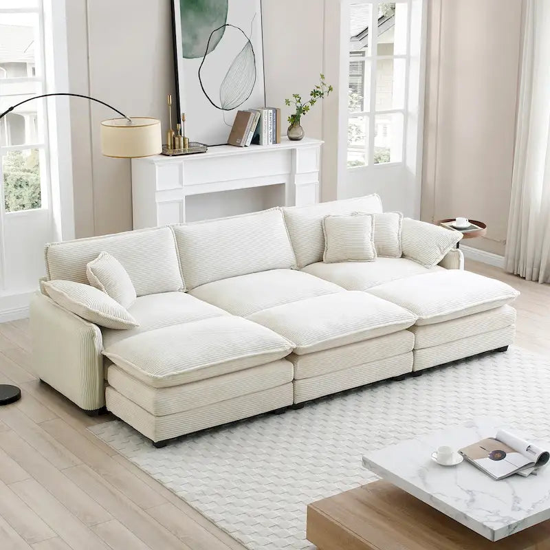 Divano componibile in velluto a coste beige, 6 pezzi con pouf e cuscini