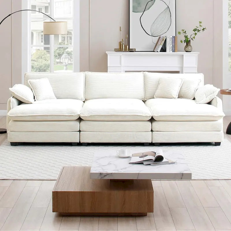 Divano componibile in velluto a coste beige, 6 pezzi con pouf e cuscini