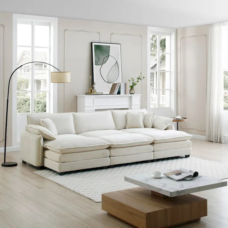 Divano componibile in velluto a coste beige, 6 pezzi con pouf e cuscini