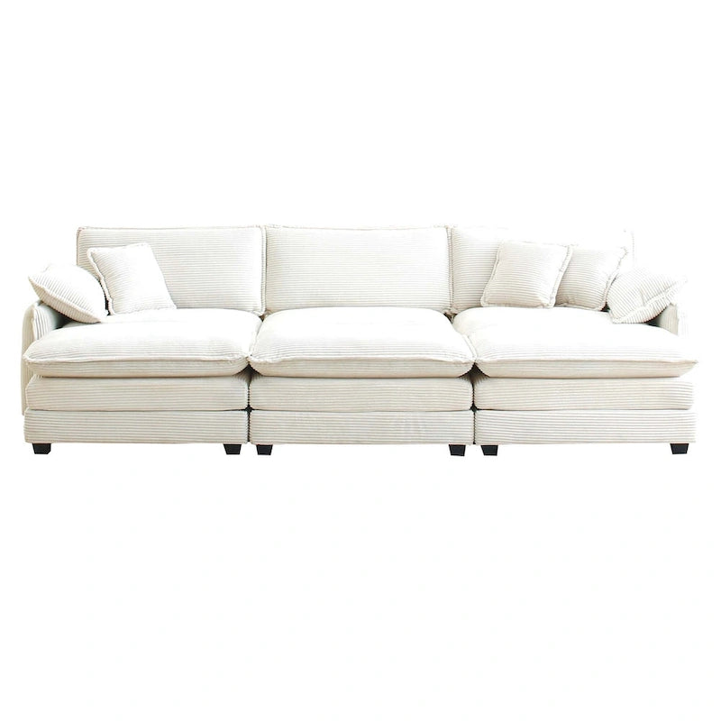 Divano componibile in velluto a coste beige, 6 pezzi con pouf e cuscini