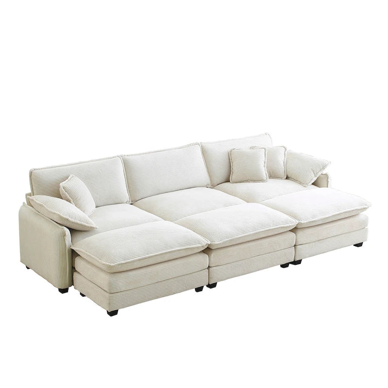 Divano componibile in velluto a coste beige, 6 pezzi con pouf e cuscini