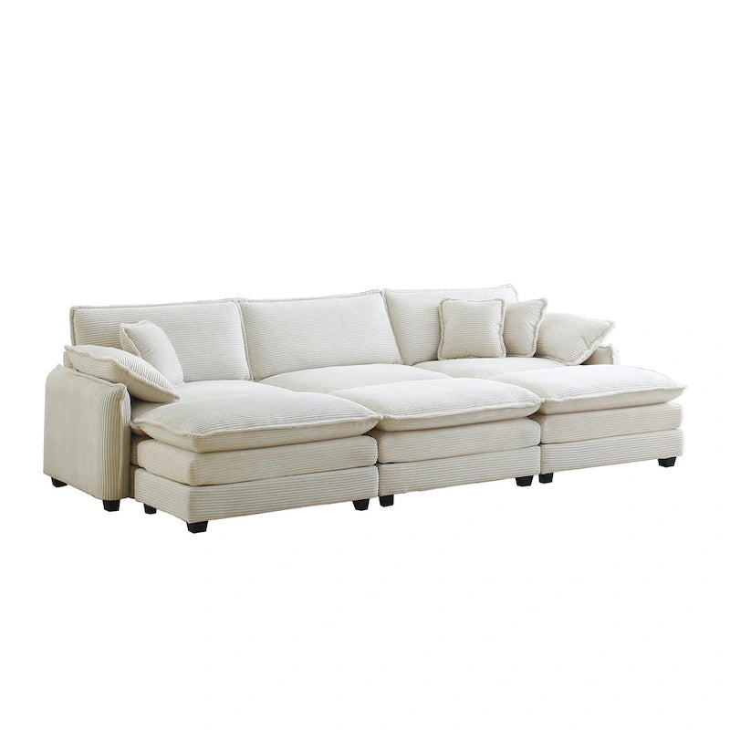 Divano componibile in velluto a coste beige, 6 pezzi con pouf e cuscini