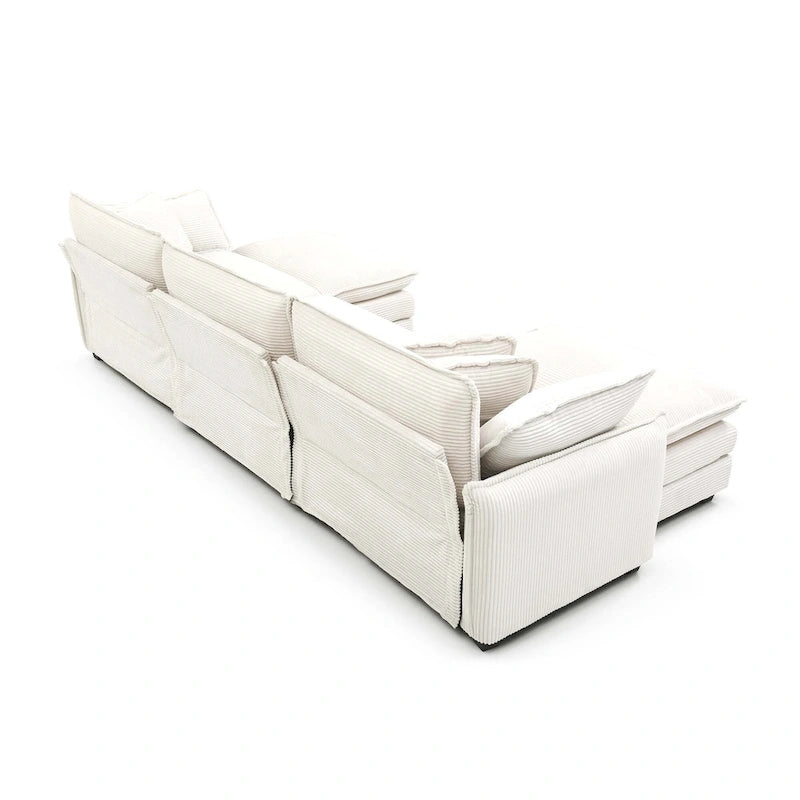 Divano componibile in velluto a coste beige, 6 pezzi con pouf e cuscini