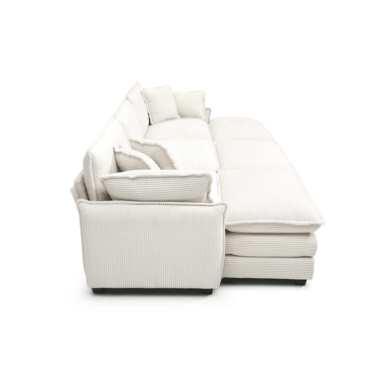 Divano componibile in velluto a coste beige, 6 pezzi con pouf e cuscini